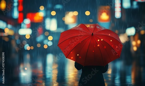 Wallpaper Mural Person holding a red umbrella in the rain at night with blurred city lights in the background scene Torontodigital.ca