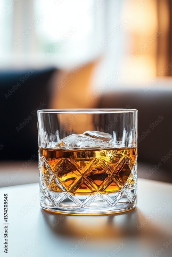 Elegant glass of amber whiskey with ice cubes on a reflective surface in a soft light setting Elegant glass of amber whiskey with ice cubes on a reflective surface in a soft light setting