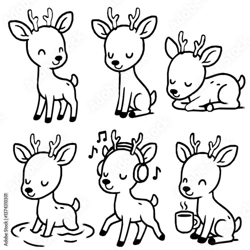 Cute happy deer fawn illustration set. Line art cartoon drawings of adorable baby animals sitting, sleeping, listening to music, drinking