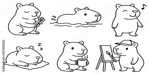 Cute capybara rodent animal illustration icon set. Simple happy line art drawings show capybaras eating, swimming, sleeping, painting fun
