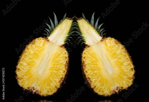  Bisection Sliced Tropical Fruit Revealed in Two Mirrored Pieces on Dark Void