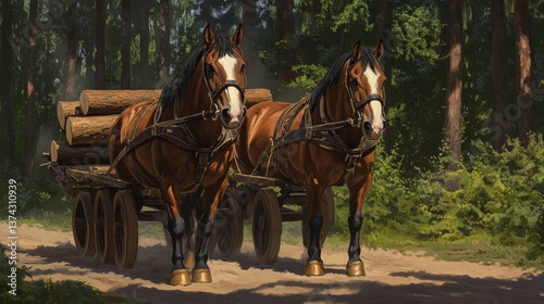Pair of draft horses pulling a wooden cart loaded with logs through a serene forest landscape, showcasing teamwork and nature's beauty in a peaceful setting