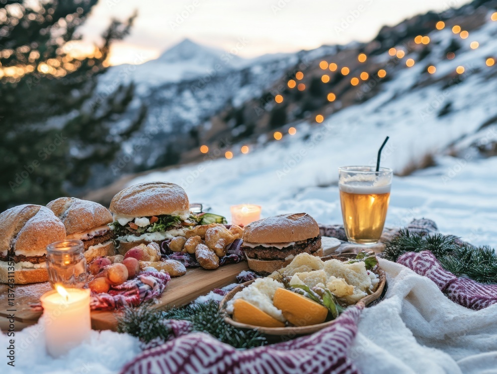 Fototapeta premium Festive Winter Picnic with Gourmet Burgers and Sparkling Beer Amidst Snowy Mountains at Sunset Serenity