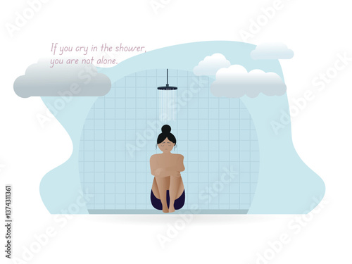 Young woman crying in shower suffering from postpartum depression