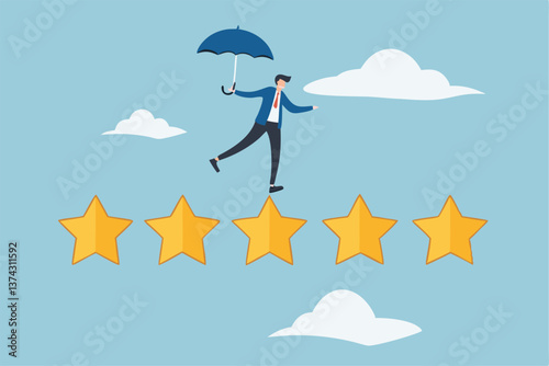 Performance review, annual employee evaluation, appraisal or rating feedback, success five stars employee, excellent feedback opinion concept, businessman balance himself on stars rating evaluation.