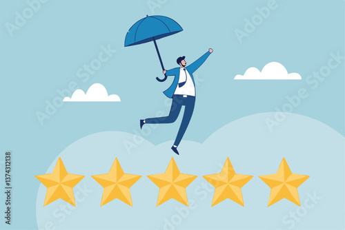 Performance review, annual employee evaluation, appraisal or rating feedback, success five stars employee, excellent feedback opinion concept, businessman balance himself on stars rating evaluation.