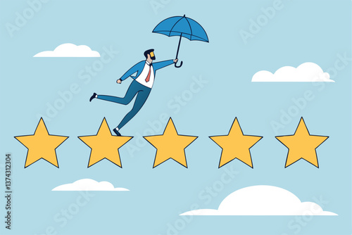 Performance review, annual employee evaluation, appraisal or rating feedback, success five stars employee, excellent feedback opinion concept, businessman balance himself on stars rating evaluation.