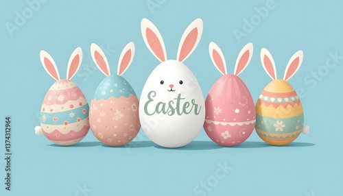 Colorful easter eggs and a cute bunny in a basket symbolize a happy spring holiday celebration