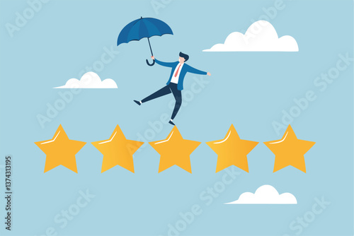 Performance review, annual employee evaluation, appraisal or rating feedback, success five stars employee, excellent feedback opinion concept, businessman balance himself on stars rating evaluation.