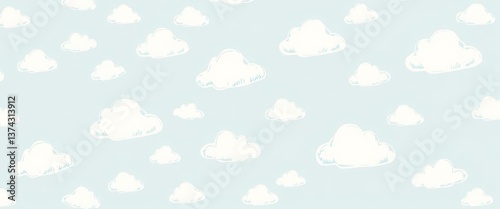Adorable hand-drawn cloud pattern on a soft blue background, perfect for nursery décor, fabric, nursery