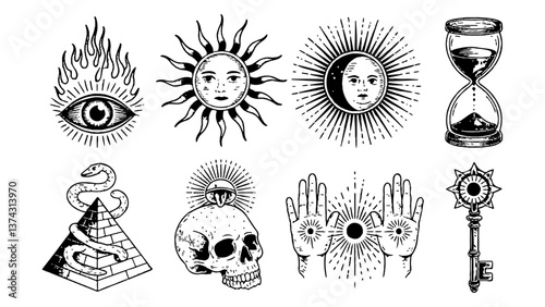 8 Intricate esoteric cosmic mysticism tattoo designs, icon sheet, vector file
