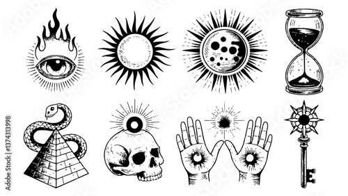 8 Intricate esoteric cosmic mysticism tattoo designs, icon sheet, vector file