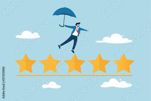 Performance review, annual employee evaluation, appraisal or rating feedback, success five stars employee, excellent feedback opinion concept, businessman balance himself on stars rating evaluation.