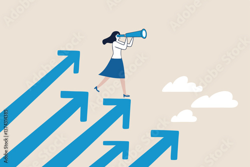 Searching for growth opportunity, vision to look and see future, challenge ahead or motivation to grow business concept, businesswoman on arrows look through binoculars to find business opportunity.