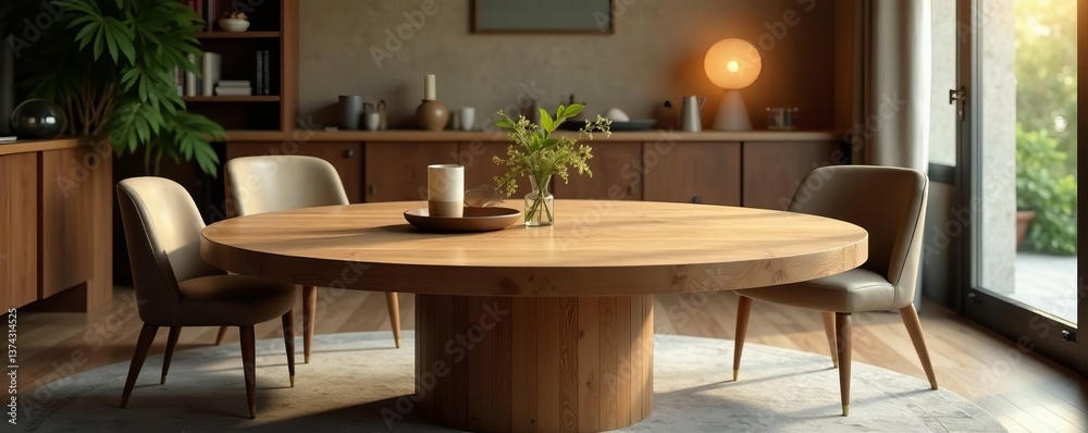 Fototapeta premium A high-quality round wooden dining table in an elegant setting, dining room, elegant, round