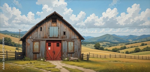  Country Charm An Oil Painting Depicting an Old Barn with a Red Door and a Picturesque Rural Landscape