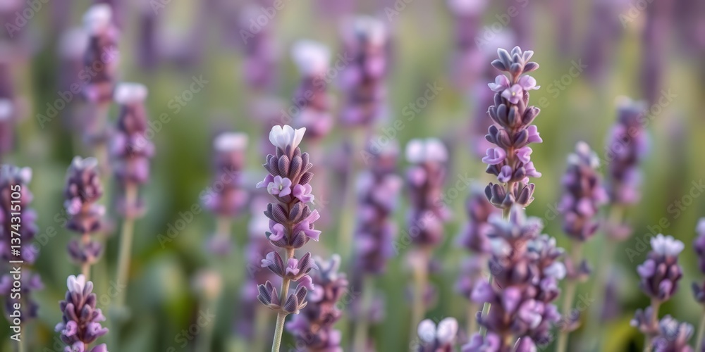 Obraz premium A soft focus banner image showcases a field of lavender, with shallow depth of field highlighting individual blossoms against a blurred background, flowers, wildflower