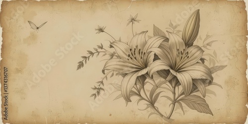  Antique Tiger Lily Print Etching Technique with Cross Hatching on a Creamy Parchment Background in Muted Colors