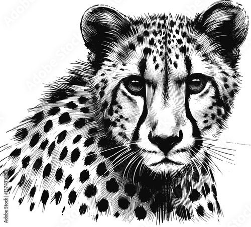 Golden Gaze Cheetah line art drawing ink sketch vector hand drawn illustration background