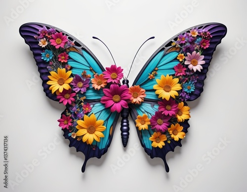Colorful butterfly adorned with vibrant flowers brings a magical touch to a serene backdrop of nature's beauty Generative AI