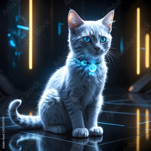 A cute fluffy white cat with shiny silver fur, blue eyes and a smile.looking out from a dark background