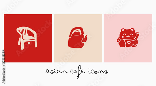 Asian cafe icon set. Plastic chair, Maneki-neko cat, teapot. Hand drawn modern Vector illustration. Isolated design elements. Logo, branding, sticker, web, print templates