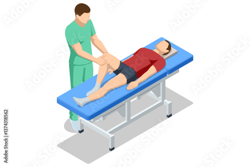 Isometric vector image of a massage therapist providing leg and knee rehabilitation therapy to a male patient lying on a massage table.