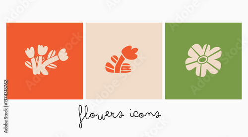 Flowers icon set. Stylish colorful flowers in Scandinavian or paper-cut style. Modern Vector illustration for branding, packaging, web, and print. Isolated design elements