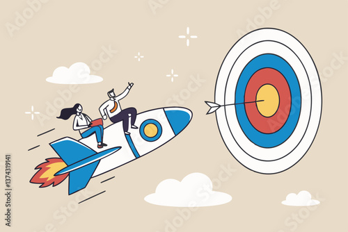 Team target achievement, reaching goal or success, teamwork strategy, challenge or aspiration to win together, leadership to lead team concept, business people riding rocket to reach target bullseye.