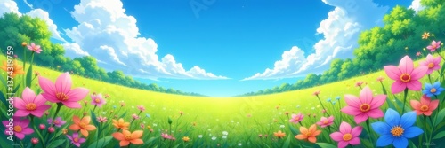 Colorful anime meadow with blooming flowers and a clear sky, smartphone background, clear sky, art