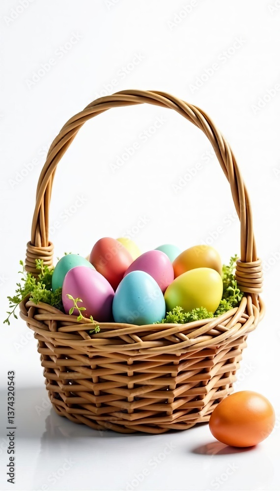 Colorful easter eggs in a woven basket on white background, easter, vibrant, eggs Colorful easter eggs in a woven basket on white background, easter, vibrant, eggs