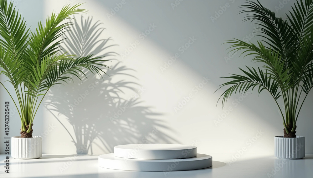 Minimalist Tropical Display with Palm Leaves and Sunlight Makeup booth & e-commerce scene & Item display stand Minimalist Tropical Display with Palm Leaves and Sunlight Makeup booth & e-commerce scene & Item display stand