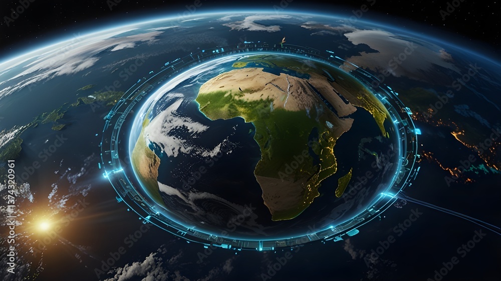 Earth encircled by advanced technology and AI systems dedicated to environmental preservation Earth encircled by advanced technology and AI systems dedicated to environmental preservation