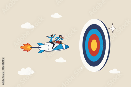 Team target achievement, reaching goal or success, teamwork strategy, challenge or aspiration to win together, leadership to lead team concept, business people riding rocket to reach target bullseye.