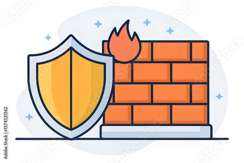 Flat design of shield and firewall blocking Shield and brick wall illustration representing fire protection and security concepts.