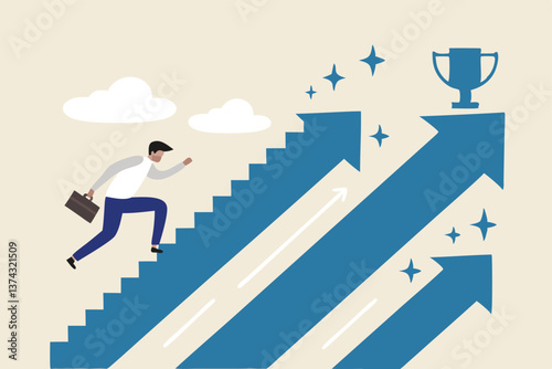Step to success, improvement, challenge or career growth development, leadership progress, career path direction or stairway to win business concept, businessman walk up arrow stair for victory.