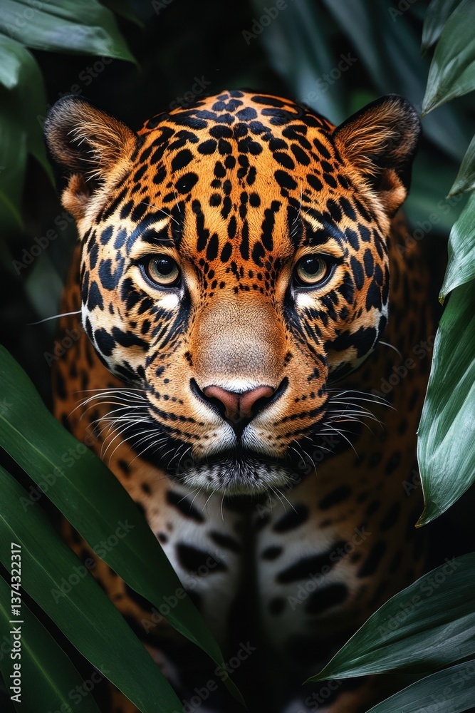 Fototapeta premium Captivating Jaguar Portrait Amidst Lush Green Foliage Jungle Predator Stare Intense Gaze Wild Animal Beauty Nature Close Up Wildlife Photography