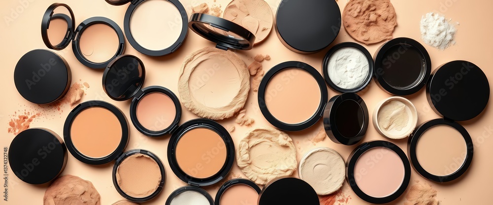 Various compact & loose powder makeup products arranged on beige background, blush, makeup essentials