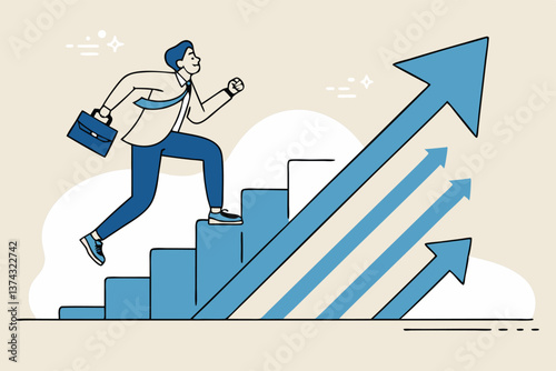 Step to success, improvement, challenge or career growth development, leadership progress, career path direction or stairway to win business concept, businessman walk up arrow stair for victory.