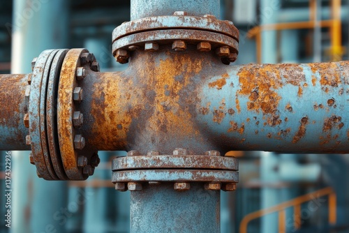 Close up capture of aged industrial pipeline with rusty texture and bolted flanges in a weathered setting showcasing metallic corrosion and structural detail