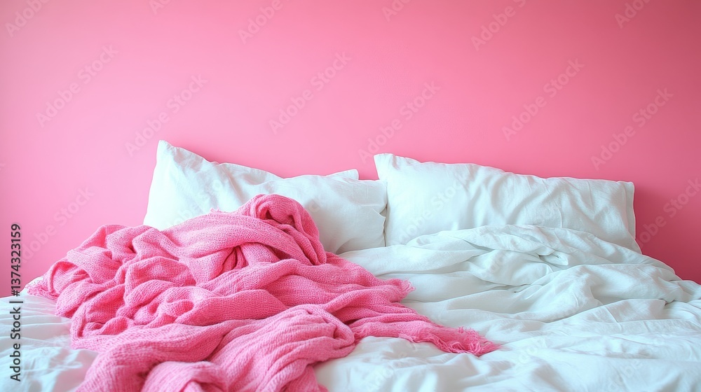 Pink Throw Blanket on Unmade Bed with Pink Wall Pink Throw Blanket on Unmade Bed with Pink Wall