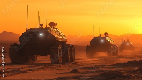 Martian Rovers Drive Across Desert Sunset