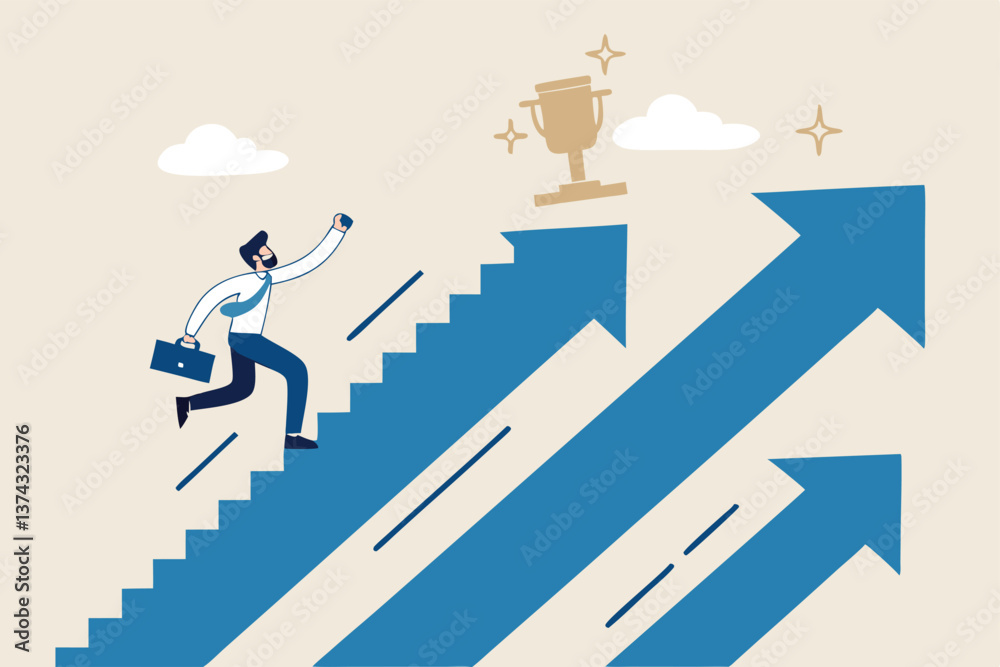 Step to success, improvement, challenge or career growth development, leadership progress, career path direction or stairway to win business concept, businessman walk up arrow stair for victory. Step to success, improvement, challenge or career growth development, leadership progress, career path direction or stairway to win business concept, businessman walk up arrow stair for victory.