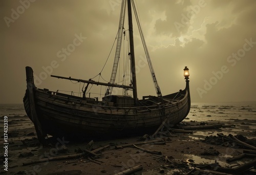  Dusty Dirge Deserted Vessel Anchored in a Brown Bay, A Sole Lantern Casting Long Shadows on Rotting Wood