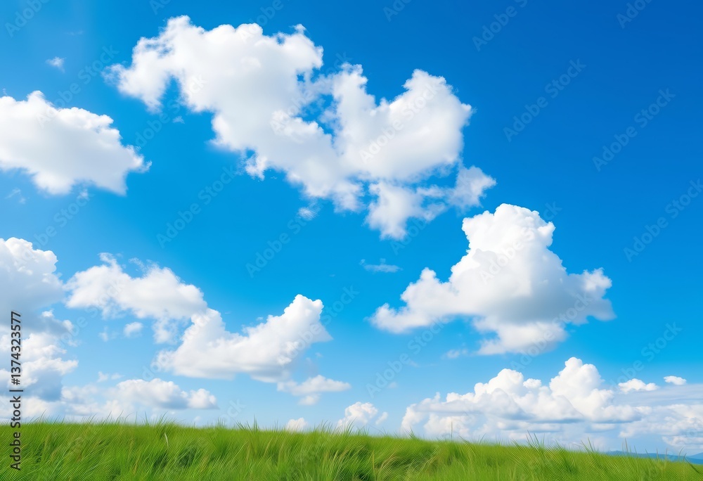 Vibrant blue sky, fluffy white clouds, lush green grass, white, clear Vibrant blue sky, fluffy white clouds, lush green grass, white, clear
