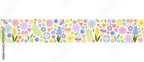 Easter floral banner with cute flowers, butterflies, leaves, hearts early spring meadow ornament seamless horizontal border, hand drawn vector illustration traditional festive decor for card, poster