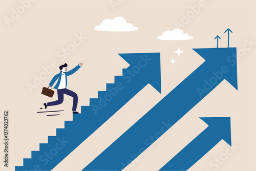 Step to success, improvement, challenge or career growth development, leadership progress, career path direction or stairway to win business concept, businessman walk up arrow stair for victory.