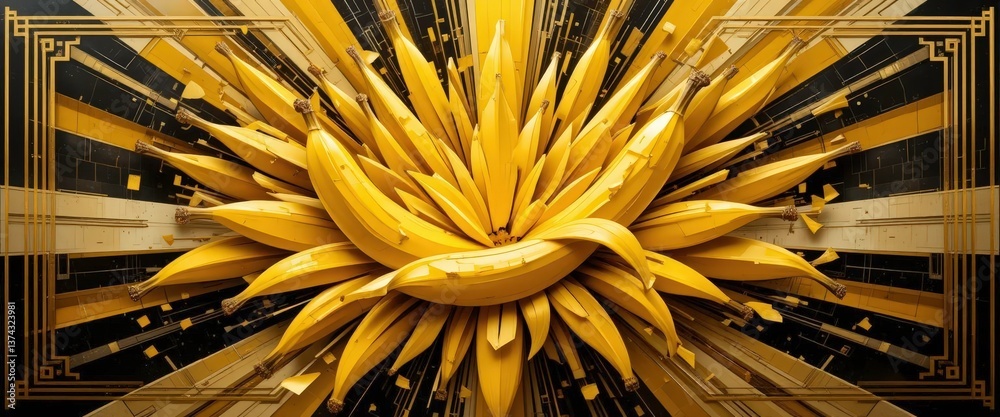 Stylized Banana Explosion in an Art Deco Style, Featuring Geometric Shapes and Gold Accents Stylized Banana Explosion in an Art Deco Style, Featuring Geometric Shapes and Gold Accents