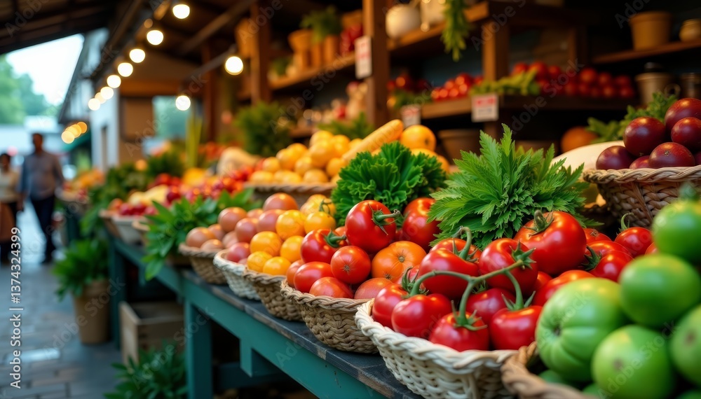 Vibrant display of farm-fresh produce in rustic market stall, produce, setting, rustic Vibrant display of farm-fresh produce in rustic market stall, produce, setting, rustic