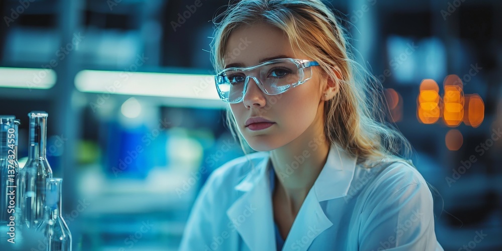Female scientist with glasses in high tech lab focused on transparent screen showing data symbols and research analysis representing scientific intelligence in biotechnology space Female scientist with glasses in high tech lab focused on transparent screen showing data symbols and research analysis representing scientific intelligence in biotechnology space